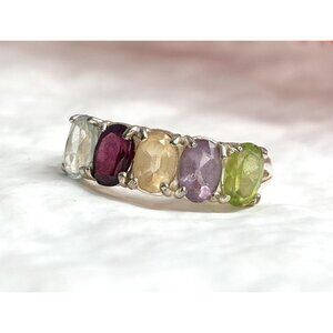 Multi Gemstone Straight Shank Sterling Silver 925 Vintage Ring - sz 6